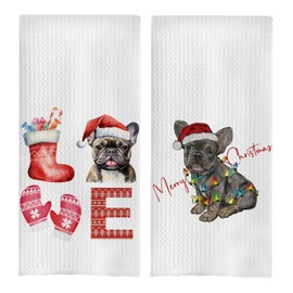 GCFET French Bulldog Christmas Towels Set - Waffle Decorative Dish & Hand Towels, 16x24 Inches Set of 2