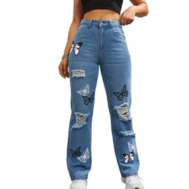 Womens Baggy Ripped Jeans High Waist Butterfly Distressed Straight Leg Jeans Teen Girls Cut Out Boyfriend Denim Pants Light Blue