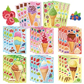 24 Sheets Make Your Own Ice Cream Stickers for Kids Toddlers, Dessert Stickers Make-a-face Stickers for Kids Party Favors, Summer Theme Ice Cream Sticker for Hawaii Tropical Party Decoration