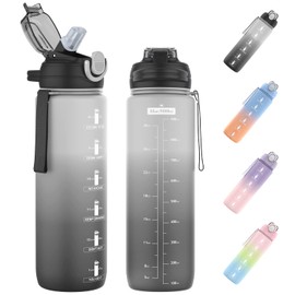 Botella de Agua Deportiva de 1000 ml, Botella Motivacional de color degradado, Botella de Agua Reutilizable, Con asa y cuerda para deportes al aire libre, fitness, camping y más (Negro)