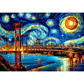 EOBROMD Diamond Painting Starry Sky, 5D Diamond Painting Pictures for Adults, Golden Gate Bridge, DIY Landscape Diamond Painting Set for Wall Decoration, 30 x 40 cm