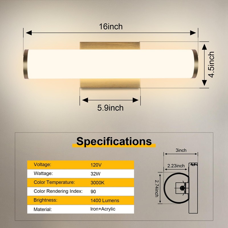 Kalium 16in Modern Wall Sconces, Dimmable Bathroom Vanity Lights, 3000K