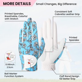GKandi Womens Golf Glove with Ball Marker Value Set, Left Hand Right 1 Pack 6 Plastic Tee with Divot Tool, Stylish Colored All Weather Grip Breathable for Ladies Women (Blue, Medium, Right)