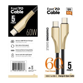 60W Fast Charge Type-C to Type-C DataBlade Gold Cable Braided Nylon 5ft Tangle-Free Universal USB-C Compatible All Phone ModelsMaterial: Premium braided nylon exterior with reinforced durable connectors, Feature: Fast 60W charging, tangle-resistant braid