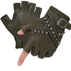 FIORETTO Leather Fingerless Gloves for Men Punk Half Finger Gloves Unlined Genuine Leather Driving Gloves ArmyGreen Medium