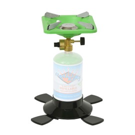 Flame King Bottle Top Single Cooking Camp Burner with Lightweight Base Stand, for Use with 16.4 ounce Propane Gas Cylinders (not included) - Green
