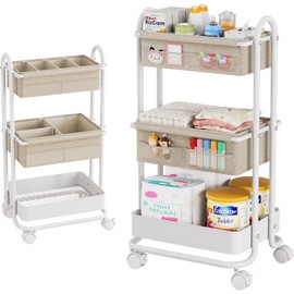Modanais Baby Diaper Caddy Organizer Cart - 3 Tier Rolling Storage Cart with Wheels, Baby Essentials Nursery Storage, Detachable Dividers - for Crib, Bedroom, Art & Craft Organizer (Off White)