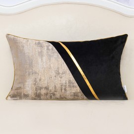 Alerfa 12 x 20 Inch Black Beige Gold Leather Patchwork Velvet & Polyester Cushion Case Luxury Modern Lumbar Throw Pillow Cover Decorative Pillow for Couch Sofa Living Room Bedroom Car 30 x 50cm