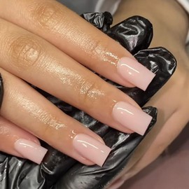 KQueenest Pale Pink Press on Nails Short Medium Square Glue on Nails Set,Solid Color Fake Nails Short Coffin Acrylic Nails Press on Gel Nails for Women Reusable False Nails in 24 Pcs