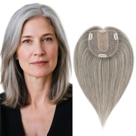 SEGOHAIR Human Hair Topper for Women, with Silk Base 3.94x4.72, 14 Inches, 4 Clips, for Thinning Hair, without Front Bangs, Salt and Pepper Color, Natural Look