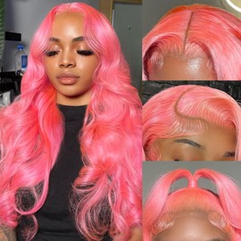 mululi 26 Inch Pink Lace Front Wig Human Hair Pre Plucked 13x4 Body Wave Pink Wig Human Hair 200% Density Colored Wigs Human Hair Long Pink Wig with Baby Hair HD Lace Front Wigs Human Hair for Women