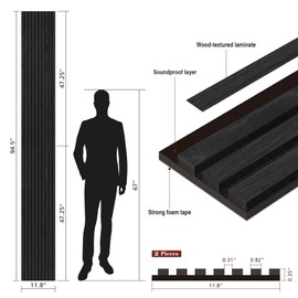 Kieacia Wood Acoustic Wall Panels, Peel and Stick 3D Slat Accent Panel for Interior Decor, 2 Pieces, 94.5 ×11.8 Inch Wainscoting Soundproof Wooden Panel for Living Room, Bedroom, Black
