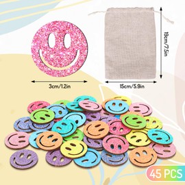 FYSUIMU 45 Pcs Glitter Smile Extra Tokens for Reward Jar Colorful Happy Face Wooden Cutouts Tokens with Linen Pocket for Back to School Classroom Student Teacher