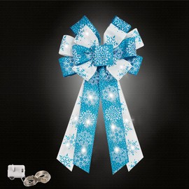 Hying Large Christmas Bows for Wreath, LED Light Blue White Snowflakes Wreath Bow for Christmas Décor Winter Blue Bow for Front Door Indoor Outdoor Wall Tree Topper Decoration Supplies Xmas Ornament