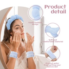 4 Pcs Women Soft Spa Headband and Wristband Set, Plush Terry Cloud Design, Cute Hair Band for Makeup and Face Washing (Light Blue, One Size)