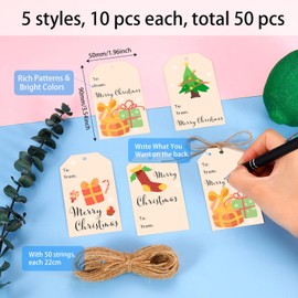 50 PCS Merry Christmas Tags for Gifts with String - Name Tags, BRR Basket Stuffers, Paper Gift Tags for Presents, Secret Santa Gift Tags, Tree Decorations, Holiday Decor for Home and Family