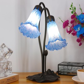 ANYONGLU Lily Lamp Tiffany Style Table Lamp 15 Inch Tall Tulip Flower Accent Desk lamp with Lotus Leaf Base (2-Light/Baby Blue)