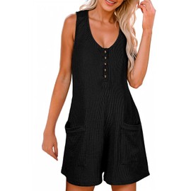 AlvaQ Black Jumpsuits for Women Summer Sleeveless Round Neck Button Front 2024 Overalls Casual Shorts Jumpsuit Vacation Beach Outfits Rompers with Pockets,Black,Large