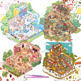 4 Sets DIY 3D Fun Big Size House Scenes Stickers with Tweezers Make Your Own Animal Hospital Christmas Party House Stickers Scenes Cute Micro Room Craft Stickers for Relief Stress Pass The Time