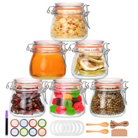 5oz 6pack Glass Jars with Airtight Lid, Glass Food Storage Containers with Lids, Mason Jars, Wire Clip Fastening for Cereal, Flour, Cookie, Spice, Honey, Kitchen Canning