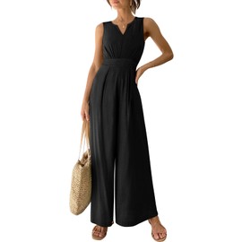 ANRABESS Jumpsuits for Women Dressy 2024 Summer Casual Linen Romper Sleeveless V Neck High Waist Wide Leg One Piece Outfits﻿ Black Large