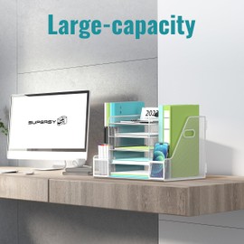 SUPEASY Mesh Desk Organizer with File Holder, 5-Tier Paper Letter Tray Organizer with Magazine Holder, Desktop Organizer and Storage for Office Supplies Home or School, White