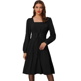 Allegra K Women's Valentine's Day Square Neck Lantern Long Sleeve A-Line Gothic Lace Up Dress Small Black