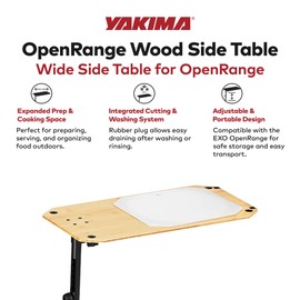 Yakima EXO OpenRange 13 x 27 Inch Wooden Side Rectangular Table and Nesting Plastic Cutting Board with 26 to 43 Inch Height Adjustable Support Leg