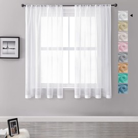 MRTREES Voile Curtains 57 Drop 2 Panels Faux Linen Rod Pocket Sheer Curtain Panel for Bedroom Living Room Patio Door 55x57 Drop 140cm x 145cm White