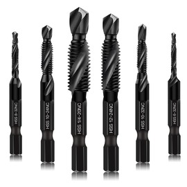 6 Packs Combination Drill & Taps Bit Set, Screw Tapping in SAE Size 6-32nc 8-32nc 10-32nc 10-24nc 12-24nc 1/4-20nc with Anti-Rust Black Coating, 1/4” Hex Shank and Storage Case