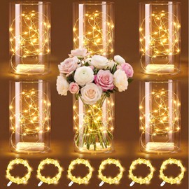 Dinifee 6 Pack Glass Cylindrical Vases with 20 LED Lights for Table Centerpiece Decorations Set - 5.9 Inch Tall Clear Rustic Farmhouse Flower Vase for Wedding Party Kitchen Home Decor(Warm White)