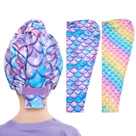 WAWSAM 2 Pack Kids Hair Drying Towels Girls Unicorn Wet Hair Towel (Rainbow & Purple)