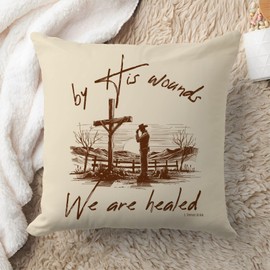 Vintage Easter Pillow Cover 18x18 Inch – Christian Throw Pillow Case with Cross and Cowboy Design – by His Wounds We are Healed Farmhouse Cushion Cover for Sofa, Bed, or Living Room