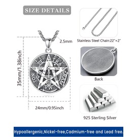 Wasee Tetragrammaton Pendant Necklace for Men 925 Sterling Silver Pentagram Necklace Jewelry Gifts with 3.0mm 22+2 In Box Chain