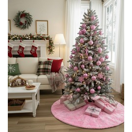 AOGU - Falda de árbol de Navidad de piel sintética con lentejuelas de 48 pulgadas para decoración de árbol de Navidad, falda de árbol de Navidad de felpa rosa y lentejuelas plateadas