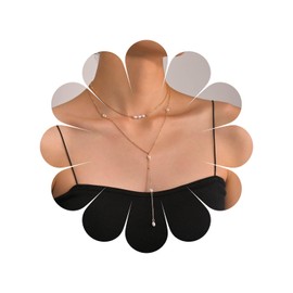 Allereya Vintage Layered Pearl Drop Y Necklace Boho Pearl Pendant Necklace Pearl Y Lariat Necklace Gold Pearl Choker Necklace Jewellery for Women and Girls, Zinc, No Gemstone