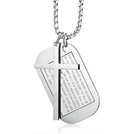 Stainless Steel Dog Tag Cross Pendant Necklace for Men Women Serenity Prayer Bible Verses Inspirational Pendant Necklace Christian God Bless Jewelry (Silver)