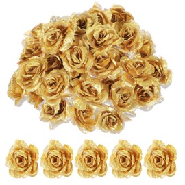 Psyqtsuary Gold Roses Artificial Flowers, 30 Pcs Fake Silk Gold Flowers Real Looking Faux Blossom Rose Flower Head for Valentine's Day Wedding Bouquet Party Decor DIY Crafts Floral Arrangements
