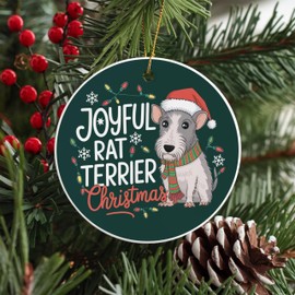 Joyful Rat Terrier Christmas Round Ceramic Ornament 3 inches - Festive Design with Santa Hat, Scarf, Snowflakes & Lights