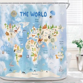 Riyidecor Kids World Map Shower Curtain for Bathroom Decor 72Wx72H Blue Funny Educational Cartoon Cute Animal Geography Continents Ocean Art Printed Fabric Polyester Waterproof 12 Pack Plastic Hooks