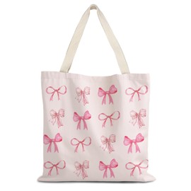 LUVADIAN Coquette Tote Bag, Pink Preppy Tote Bag, Trendy Pink Bows Canvas Tote Bag Aesthetic, Preppy Trendy Gifts for Women, Coquette Stuff, Reusable Grocery Bags Shopping Bags