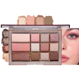 Pink Eyeshadow Palette, Nude Pink Matte Shimmer Glitter Eye Shadow Pallets for Women, 12 Colour Natural Long Lasting Highly Pigmented Pink Brown Eyeshadow Blush Make-Up Palettes