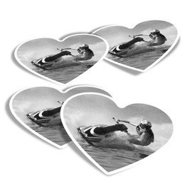 Vinyl Heart Stickers (Set of 4) - BW - Jet Ski Racing Fun Decals for Laptops,Tablets,Luggage,Scrap Booking,Fridges #36715