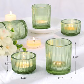 NITIME 10pcs Ribbed Green Votive Candle Holders for Wedding Table Decor, Assorted Tea Light Candle Holder Glass, Green Candle Holders for Table Centerpieces, Brithday and Tea Party Decorations
