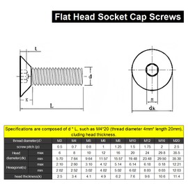 M8x12mm Flat Head Socket Cap Screws Countersunk Bolts, Allen Socket Drive, Stainless Steel 18-8 (304), Bright Finish,Pack of 6
