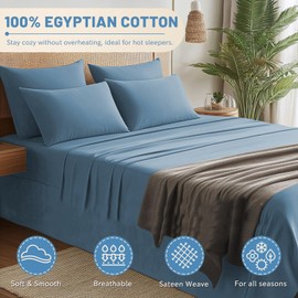 MEISHANG Cotton Sheets King Size - 600 Thread Count Sateen Sheet Set - Soft, Breathable, Cooling Egyptian Cotton with Deep Pocket - 4 Pieces(Smoky Blue)