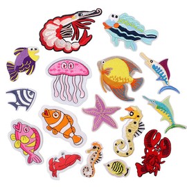 Sea World Animal Patches Marine Organism Iron On Sew On Embroidered Patches Fish Jellyfish Starfish Iron On Embroidery Patches Sticker for Clothing Cartoon Patch Iron On Motif Applique DIY Accessory