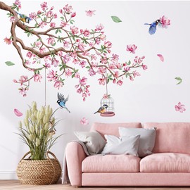 Jiusely Large Pink Flower Tree Branch Wall Stickers, Pink Cherry Blossom Tree Wall Stickers for Bedroom Living Room Furniture Kitchen, Flower Walls Stickers & Murals Bedroom Accessories