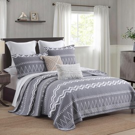 SahSahCasa Quilt Queen Size, 100% Cotton Quilt, Queen Quilt Bedding Set Bedspreads, Geometric Reversible Lightweight Striped Comforter Bedspread for Queen Bed, All Season, Gray, 3pcs