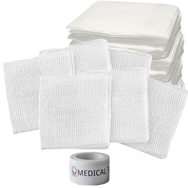 Vakly 2x2 Sterile Gauze Pads 12-Ply Thick 100% Cotton [100 Pack] Highly Absorbent 2 inch Woven Dressing Sponges for First Aid Wound Care - Individually Packed + 1 Roll of Medical Tape - 2''x2''